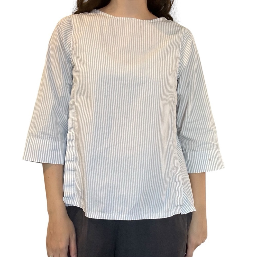 Ann Mashburn 3/4 Sleeve Shirt Gray White Striped Cotton Minimalist Size Medium